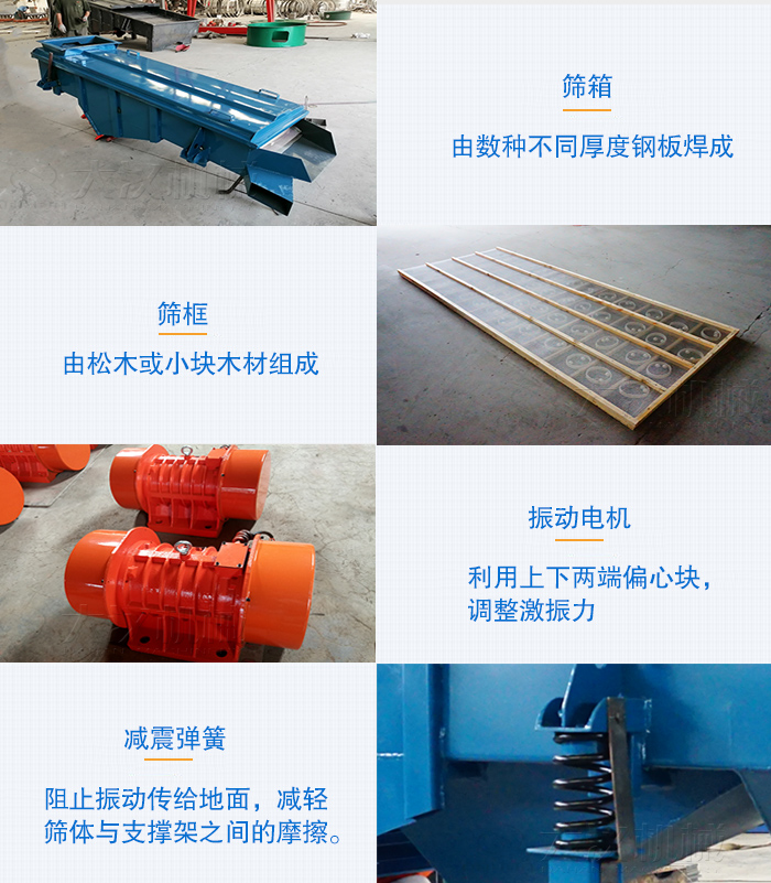 小型直線篩篩箱，篩框，振動(dòng)電機(jī)，彈簧等部件圖片展示